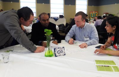 Students, professors and alumni work together to complete “Two Truths and a Lie” for the Race to Taste, the short competitions to decide who gets their food first. A centerpiece featuring their element-themed table names is visible.